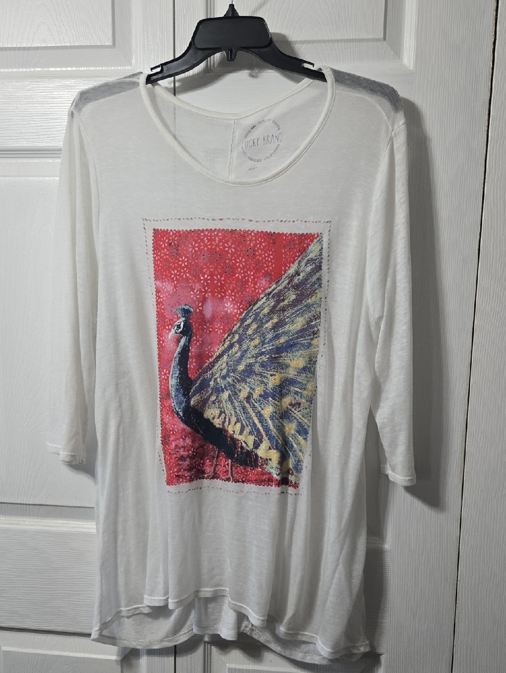 Lucky Brand White Tee with Peacock Graphic